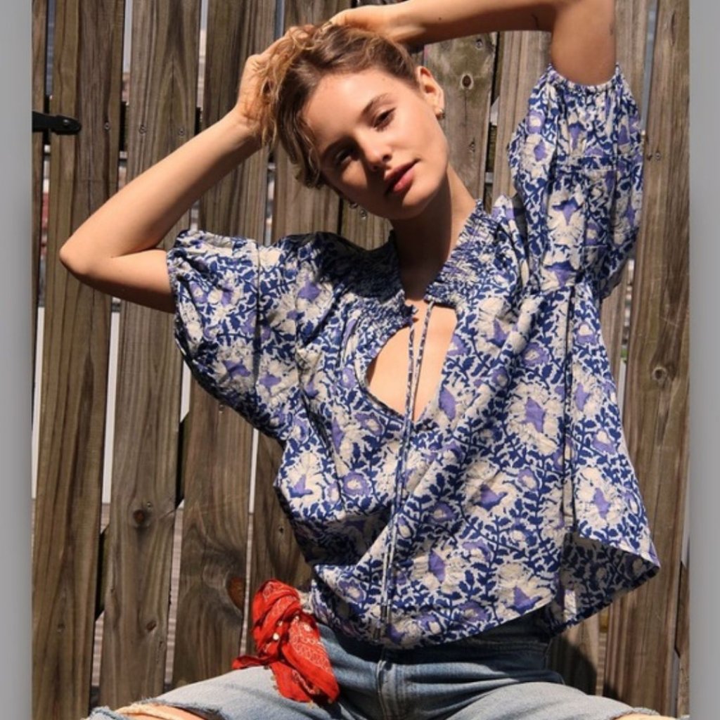 Free People Willow Printed Blouse Blue Combo Size Xs